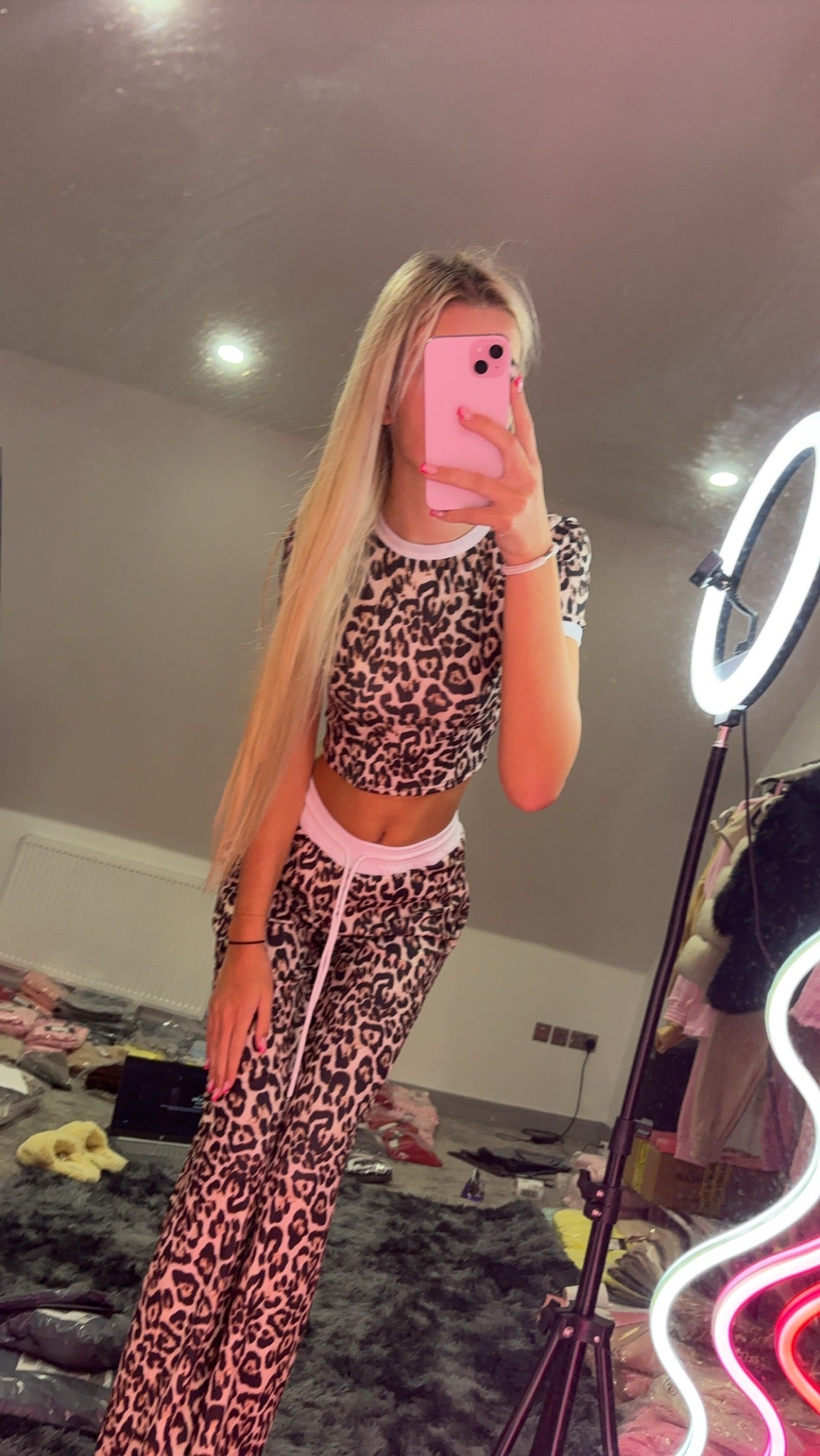 LEOPARD PRINT CONTRAST TRIM RIBBED CROP TOP & WIDE LEG TROUSER CO ORD 5150