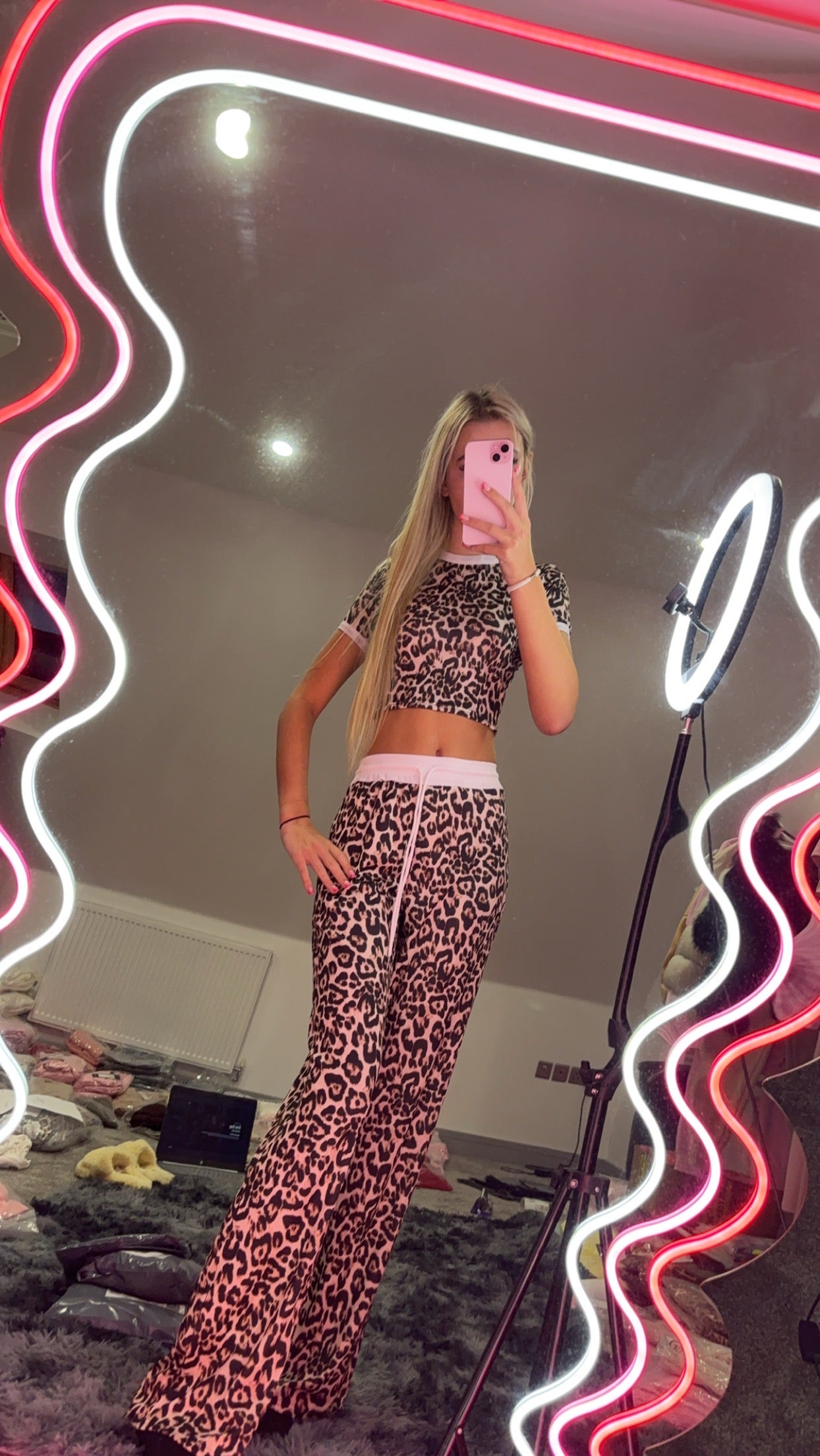 LEOPARD PRINT CONTRAST TRIM RIBBED CROP TOP & WIDE LEG TROUSER CO ORD 5150