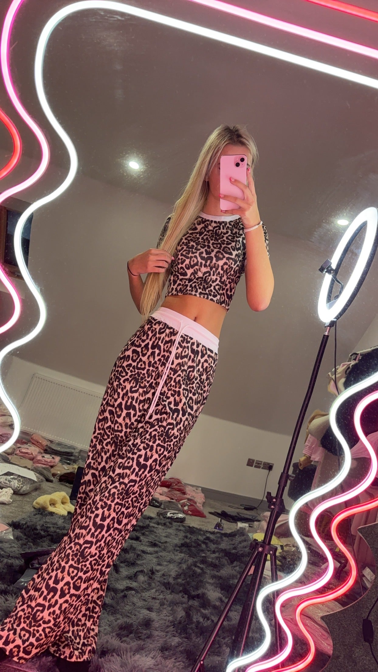 LEOPARD PRINT CONTRAST TRIM RIBBED CROP TOP & WIDE LEG TROUSER CO ORD 5150